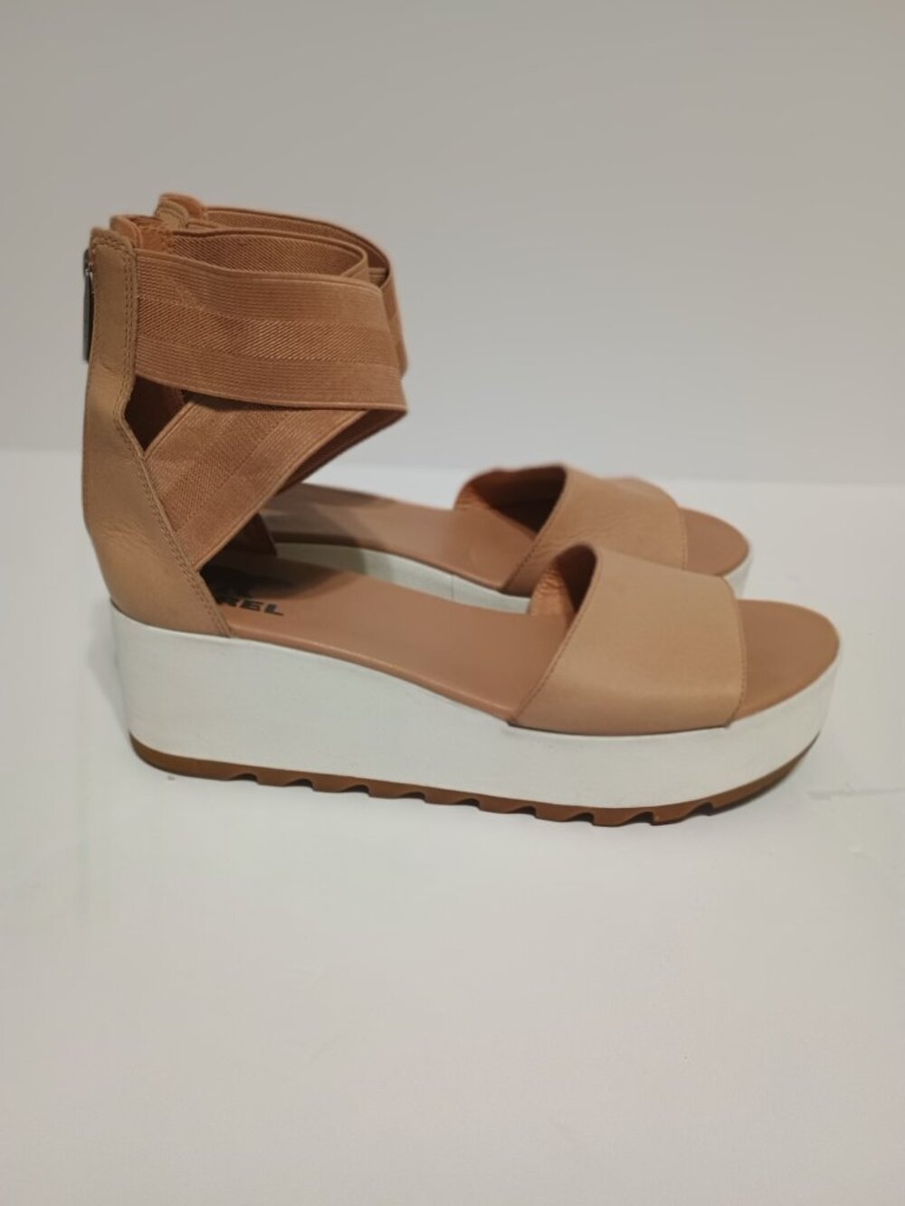 Sorel Cameron Platform Wedge Sandals Women's Tan Leather Criss Cross Elastic - Picture 2 of 7